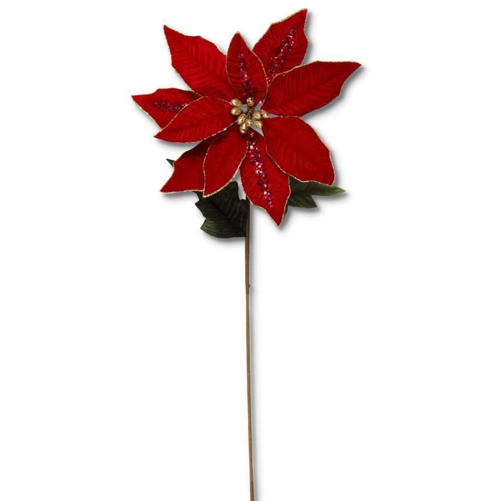 Red Velvet & Gold Sequin Poinsettia Stem