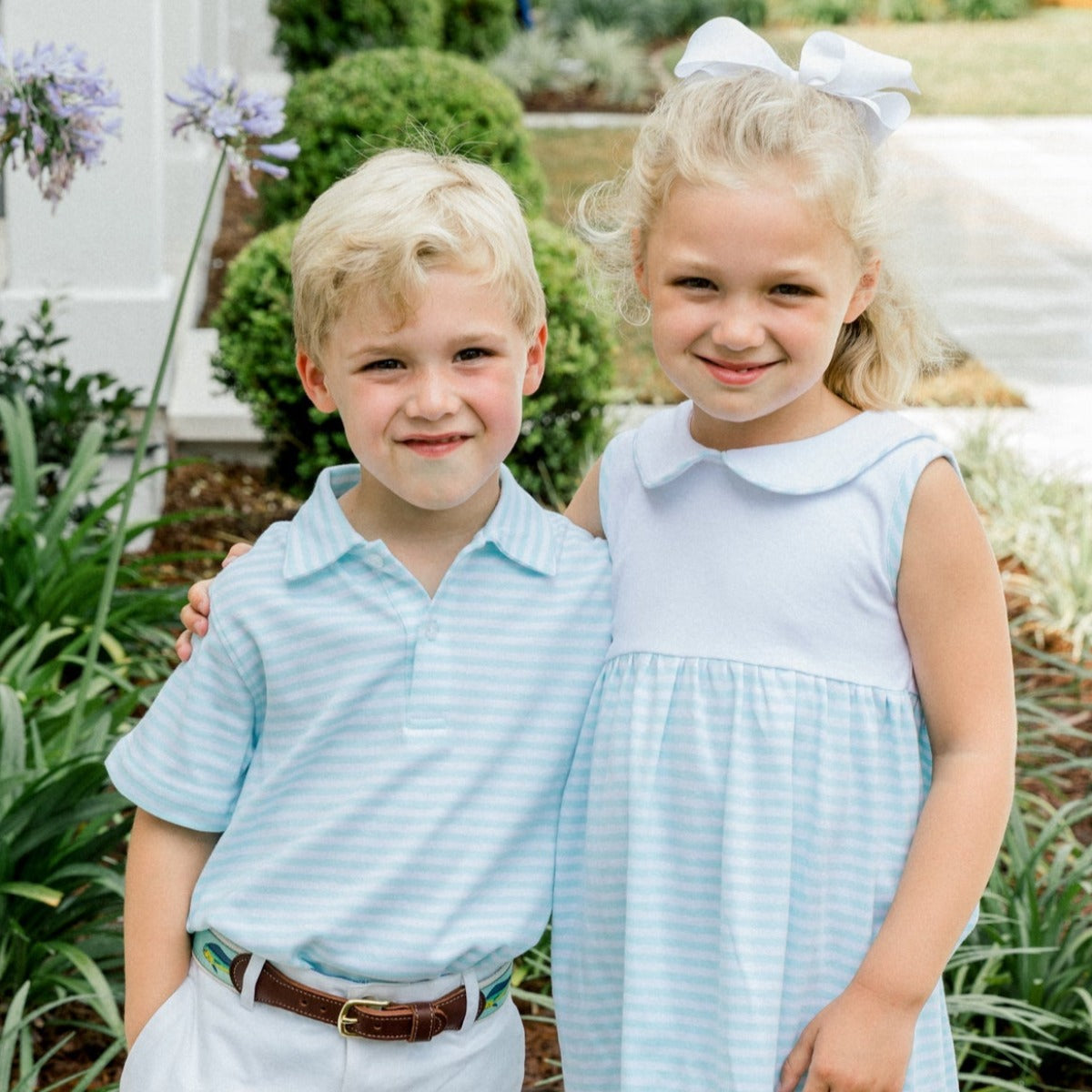 White & Mint Stripe Henry Short Sleeve Polo