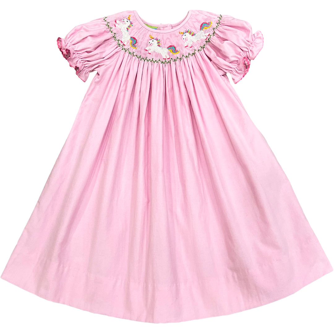 Pink Corduroy Smocked Unicorn Bishop Dress