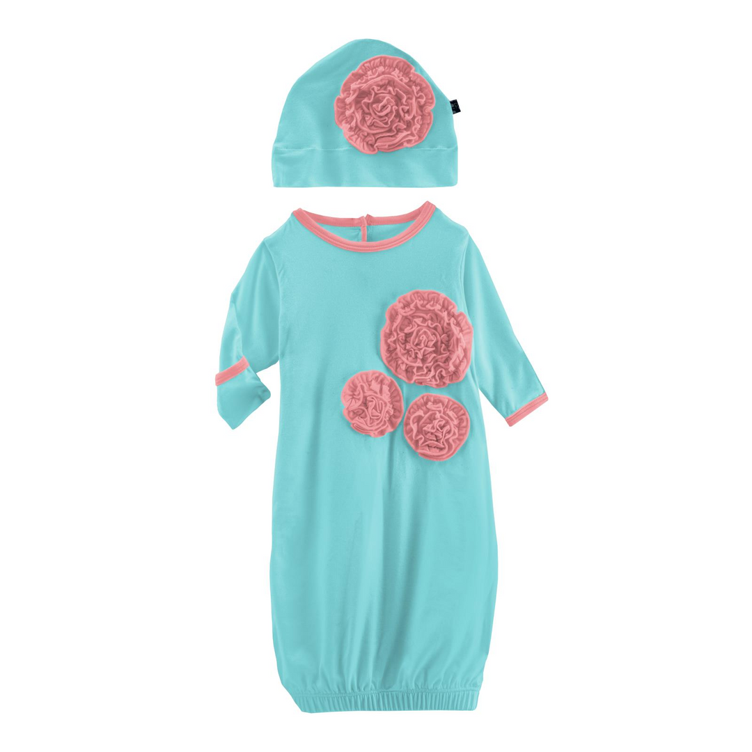 Iceberg With Strawberry Dahlia Flower Layette Gown & Flower Hat Set