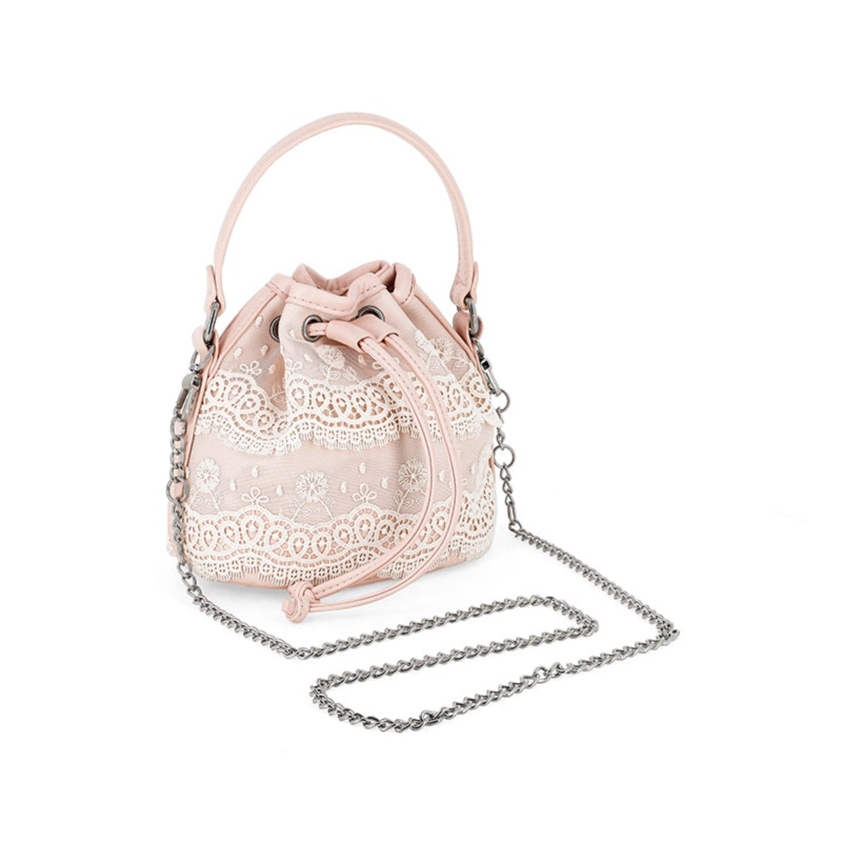 Salmon Pink Drawstring Embroidered Bucket Bag