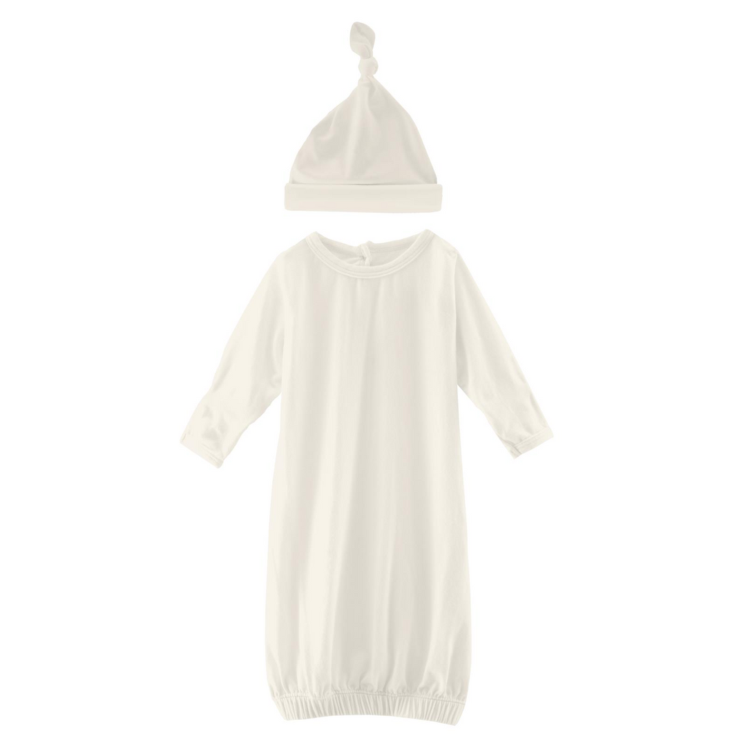 Natural Solid Layette Gown & Single Knot Hat Set