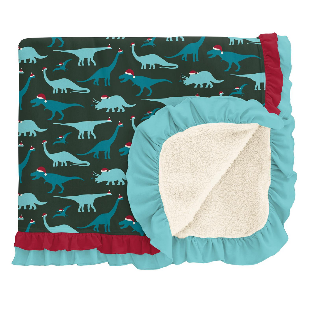 Santa Dinos Sherpa-Lined Double Ruffle Throw Blanket