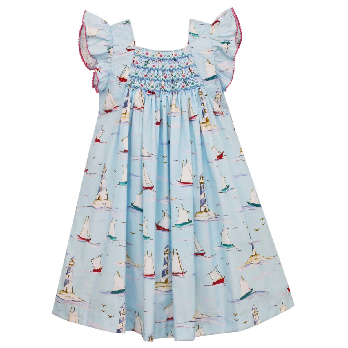 Blue Sailboat A-Line Float Dress With Ruffles