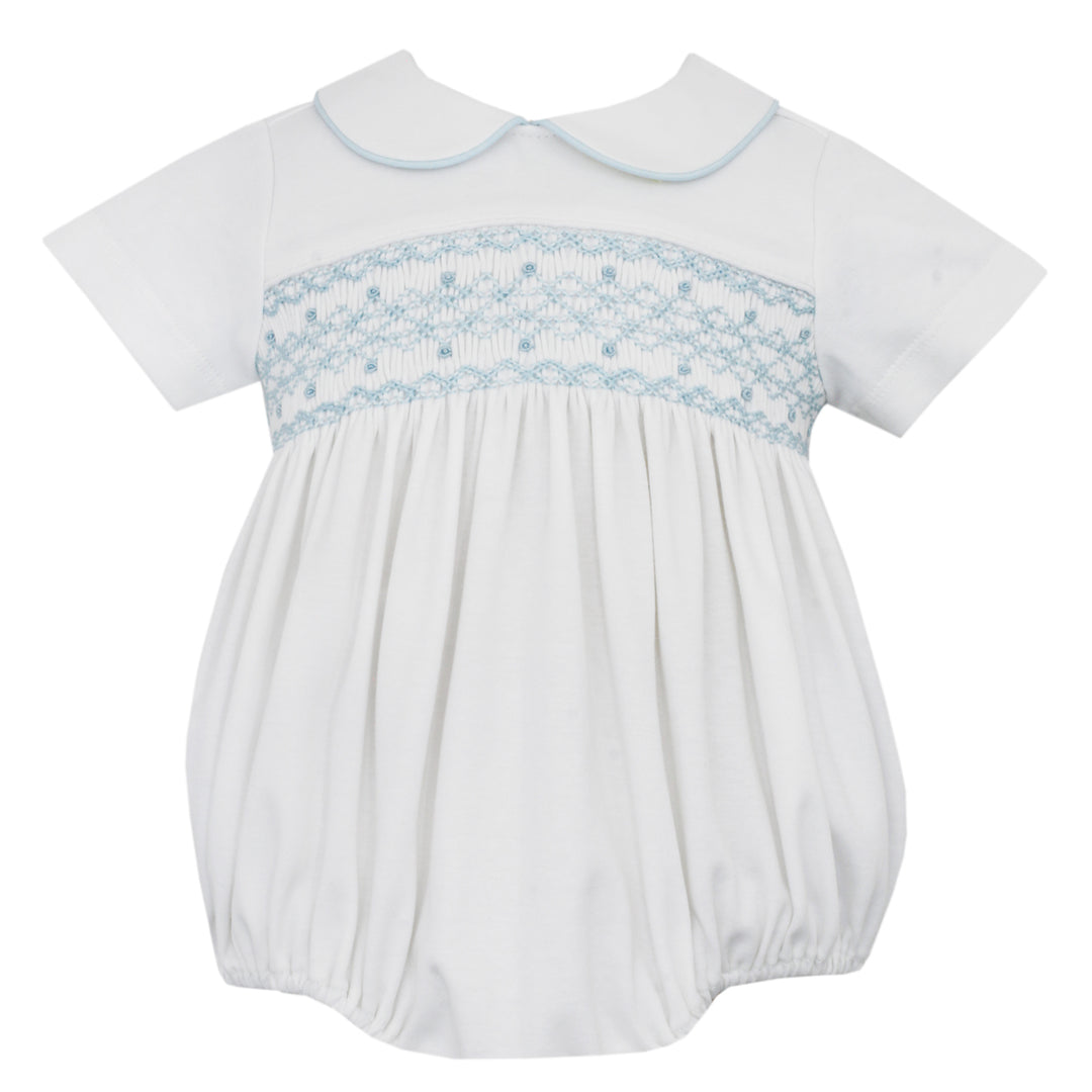 White Knit Alfred Bubble With Light Blue Geometric Smocking