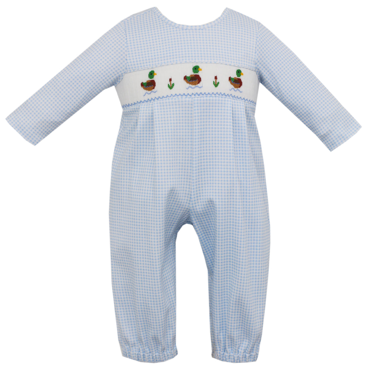 Light Blue Check Mallard Ducks Long Sleeve Knit Romper