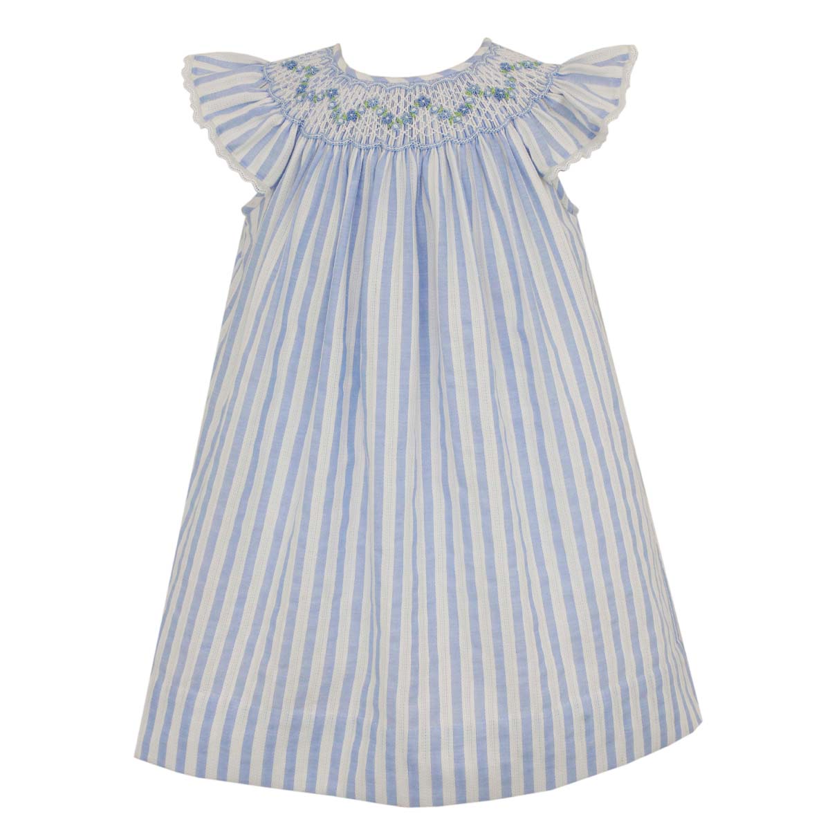 Blue & White Stripe Angel Wing Bishop Dress With Eyelet Trim