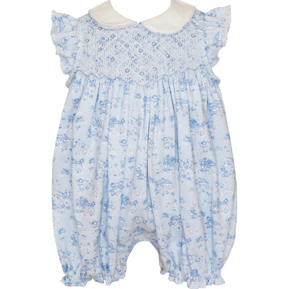 French Blue Toile Knit Smocked Bubble 