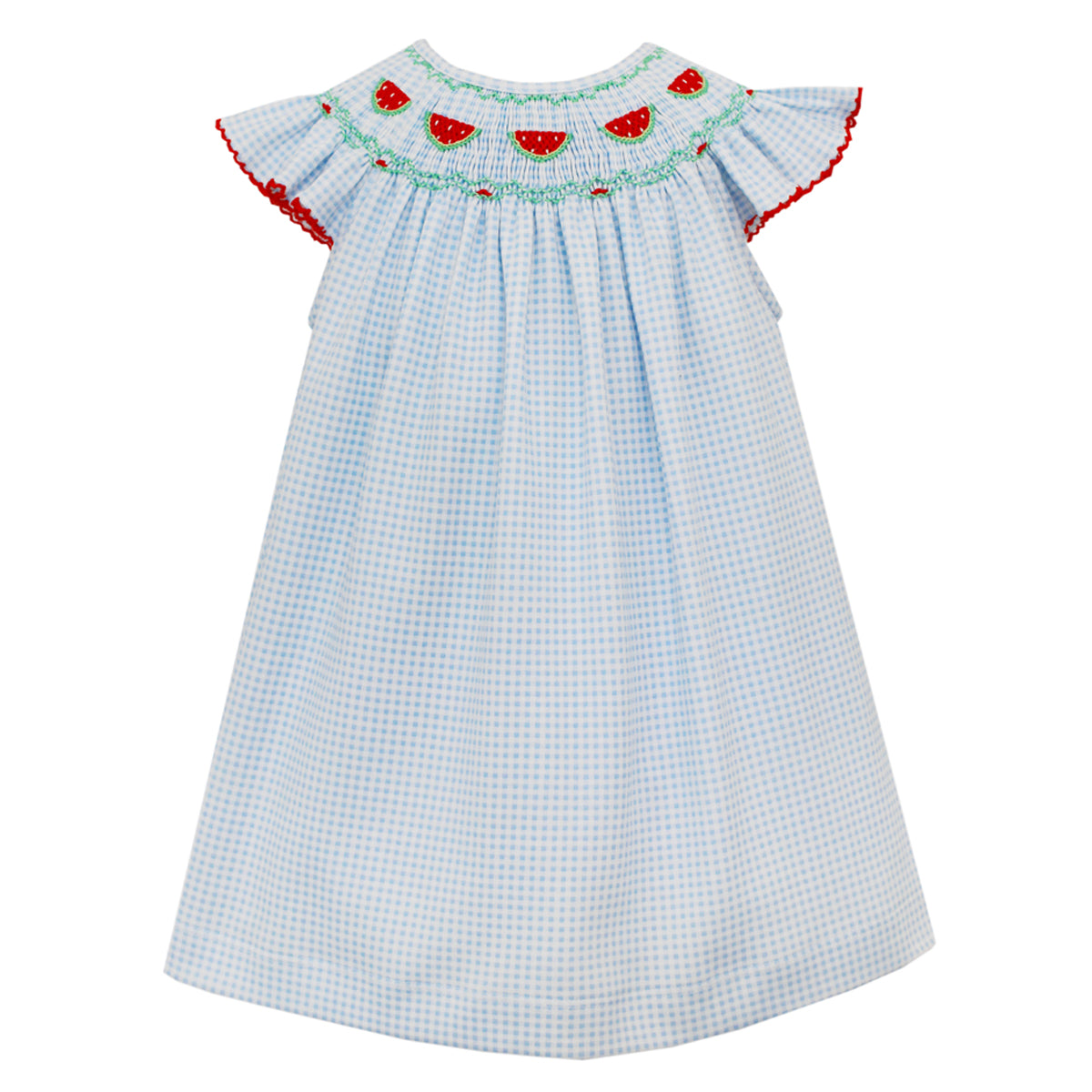 Blue Gingham Knit Watermelon Angel Wing Bishop Dress