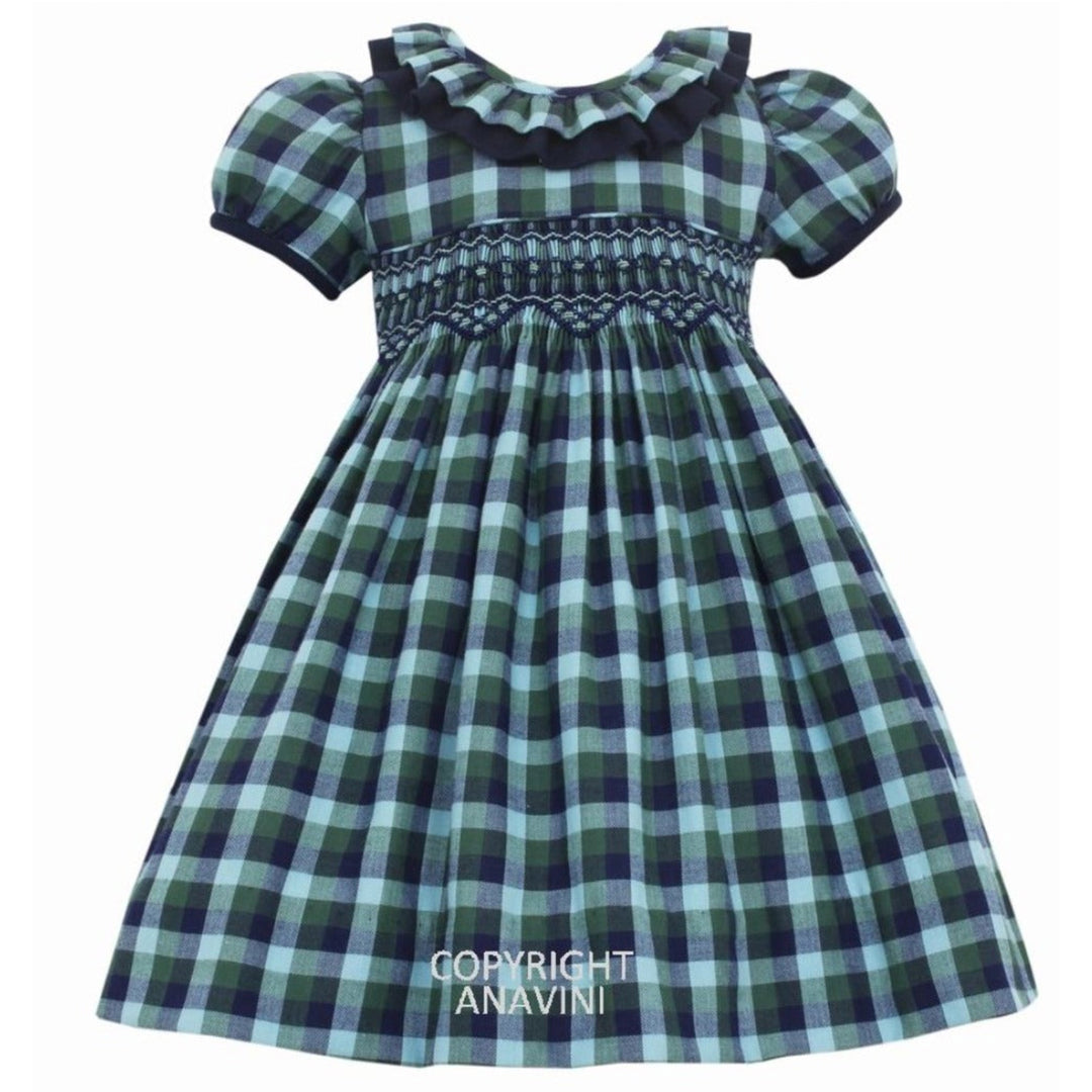 Green & Navy Blue Plaid Smocked Float Dress