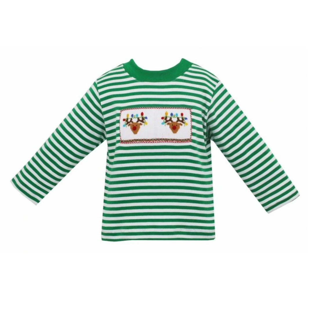 Kelly Green Stripe Reindeer With Christmas Lights Long Sleeve Shirt