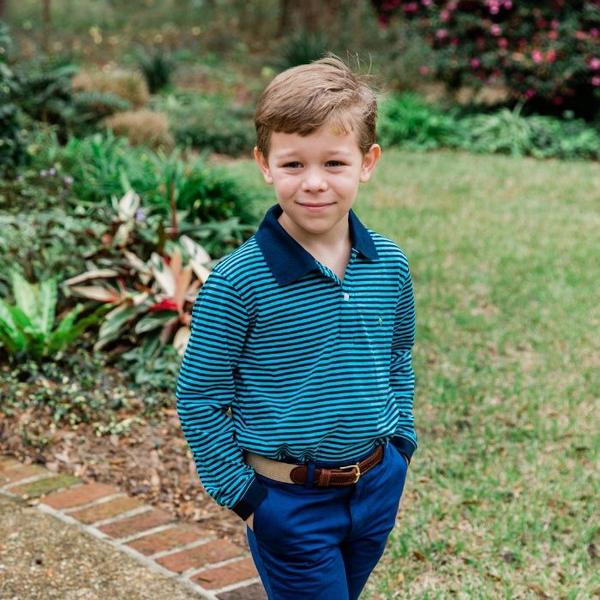 Henry Long Sleeve Polo - Turquoise and Navy Stripe