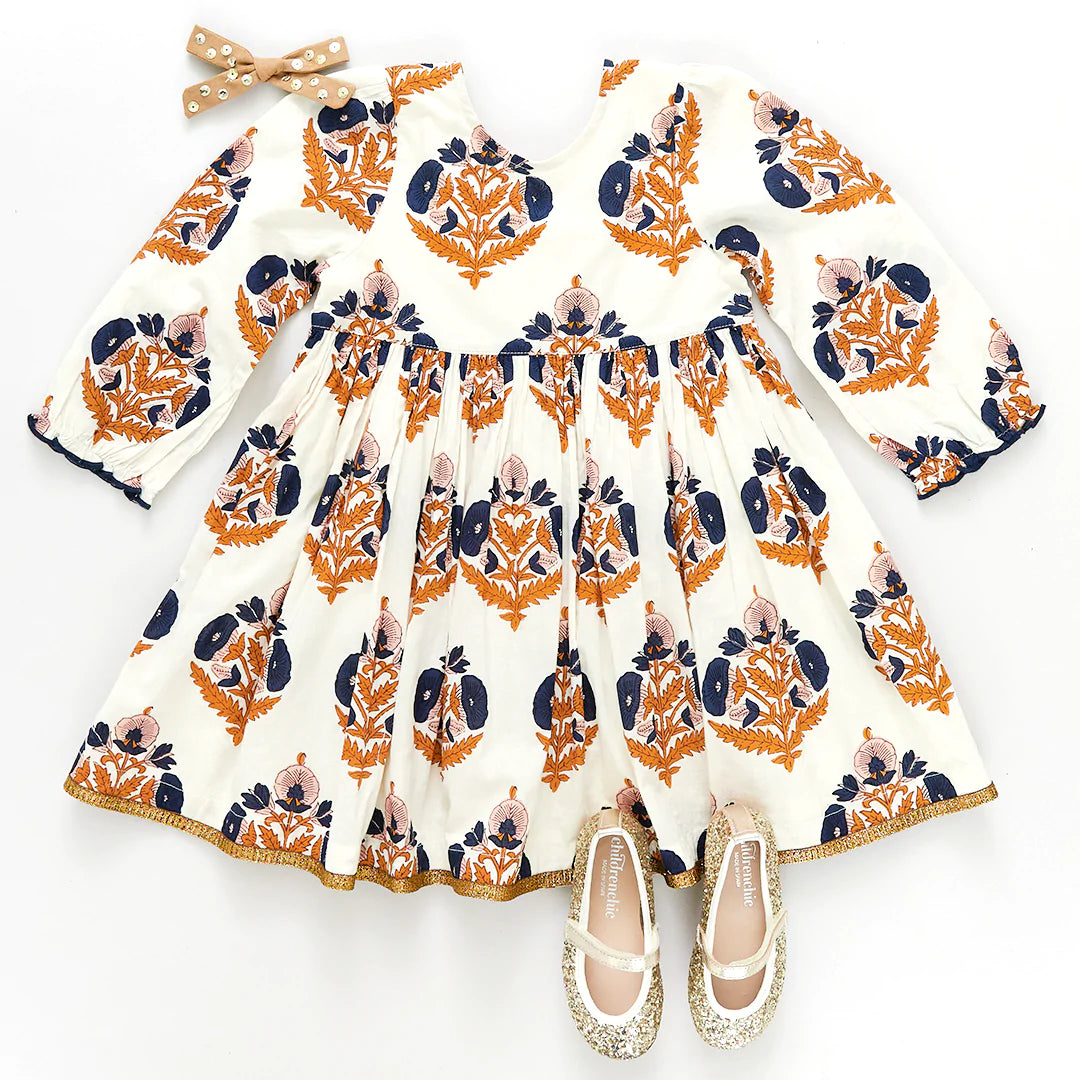 Navy Gold Flower Amma Dress