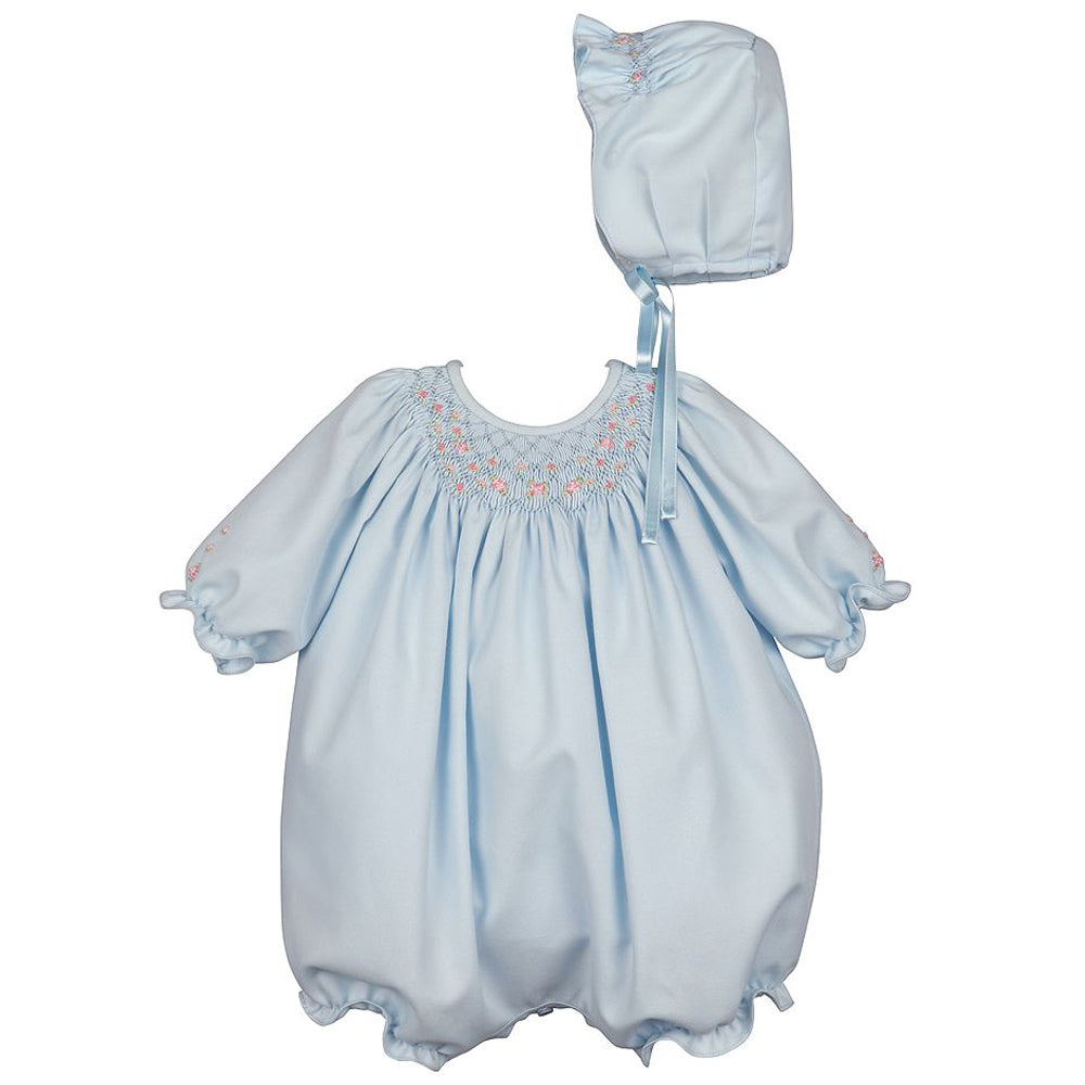 Blue Smocked Bubble with Bonnet