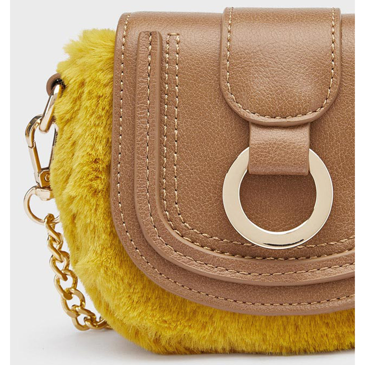 Tan & Mustard Faux Leather & Fur Handbag