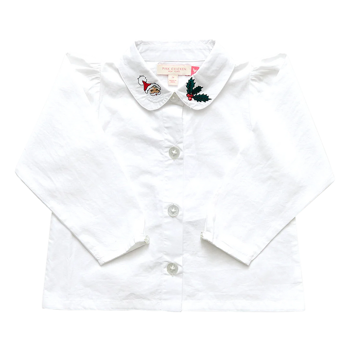 White Holiday Embroidery Collar Girls Shirt