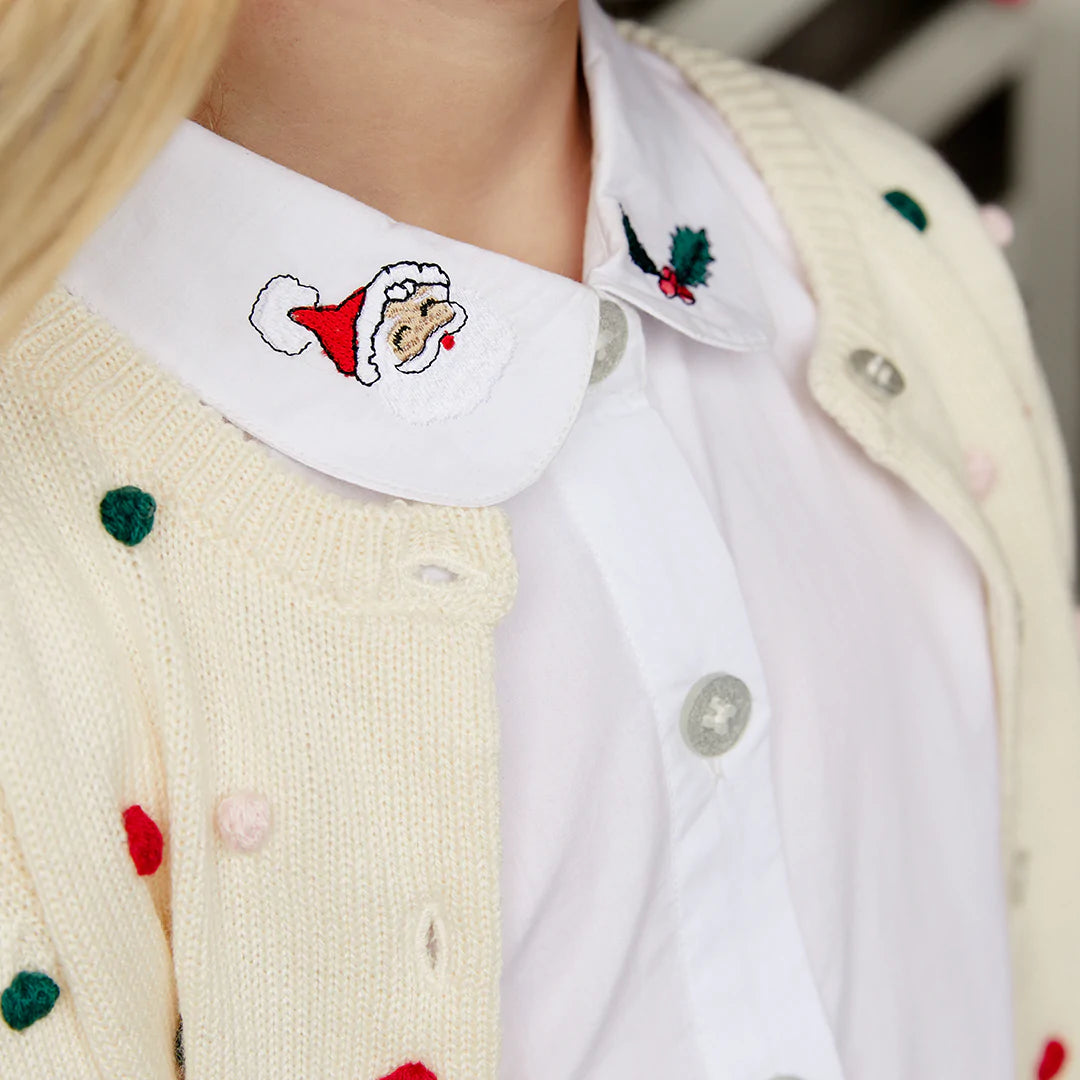 White Holiday Embroidery Collar Girls Shirt