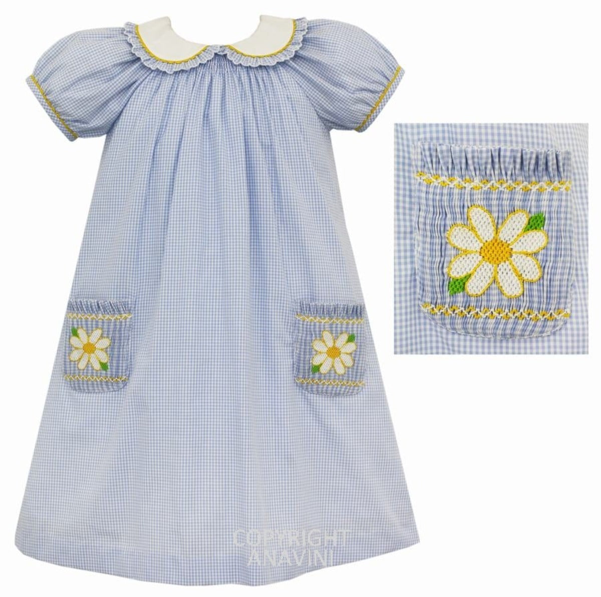 Light Blue Gingham Daisy Flower Dress