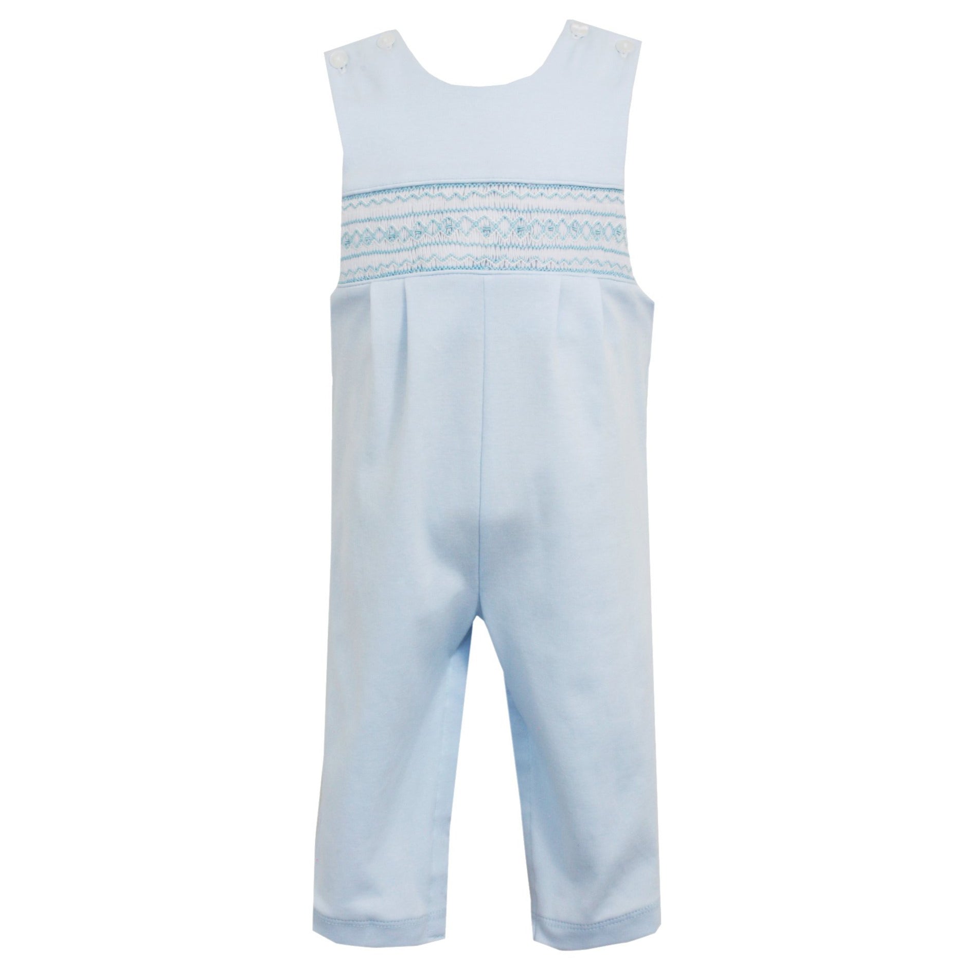 Light Blue Knit Long John John With Geometric Smocking