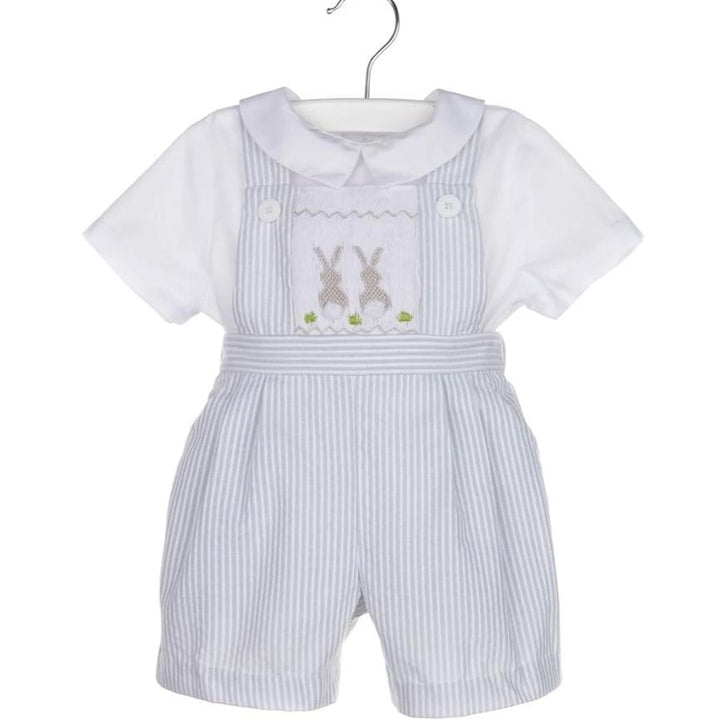 Grey Striped Seersucker Smocked Bunny Overall Set