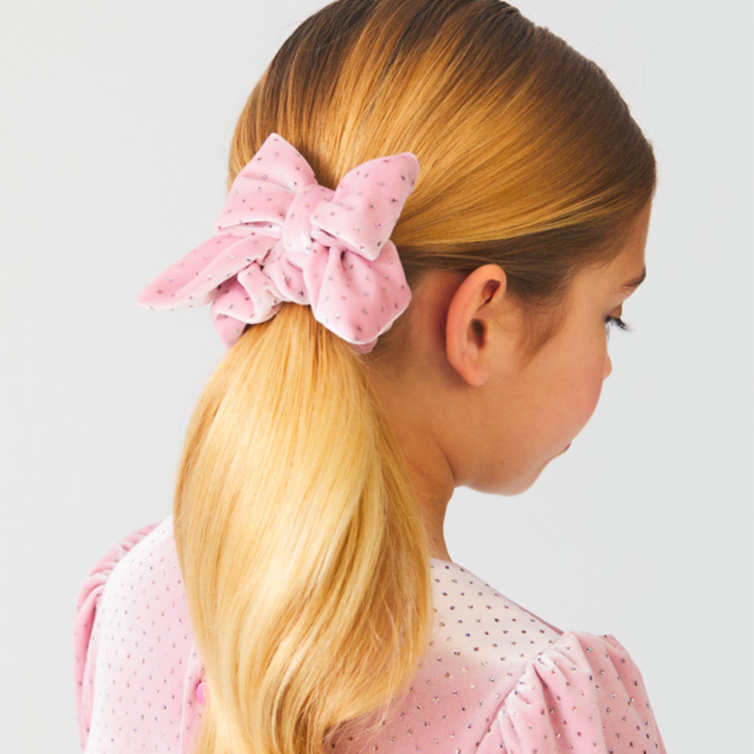 Rose Pink Glitter Velvet Bow Scrunchie