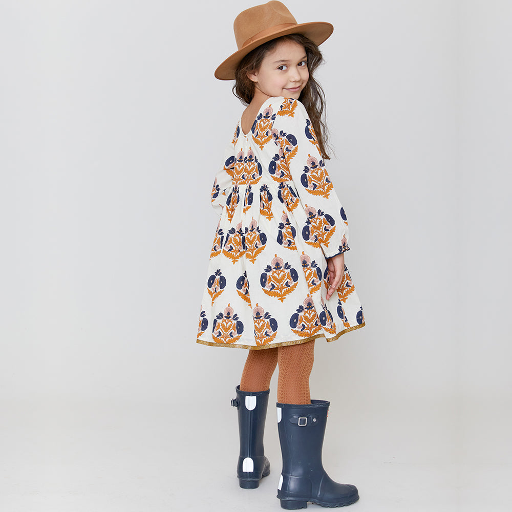 Navy Gold Flower Amma Dress