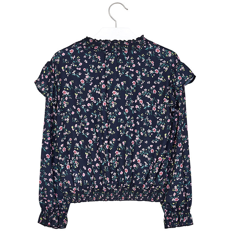 Navy & Amethyst Floral Ruffle Chiffon Blouse