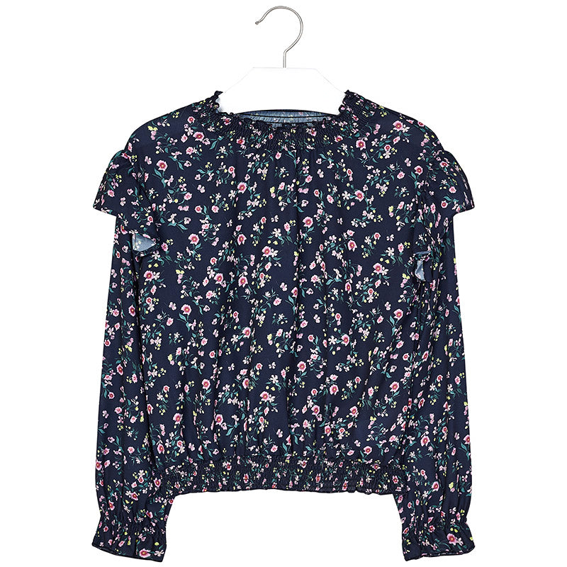 Navy & Amethyst Floral Ruffle Chiffon Blouse