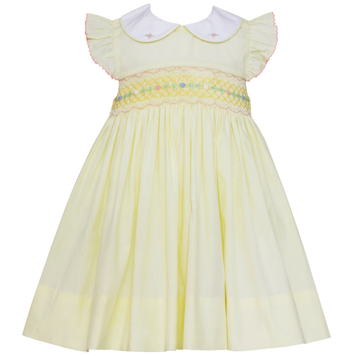 Smocked Lemon Yellow Poplin Dress w/ Peter Pan Collar