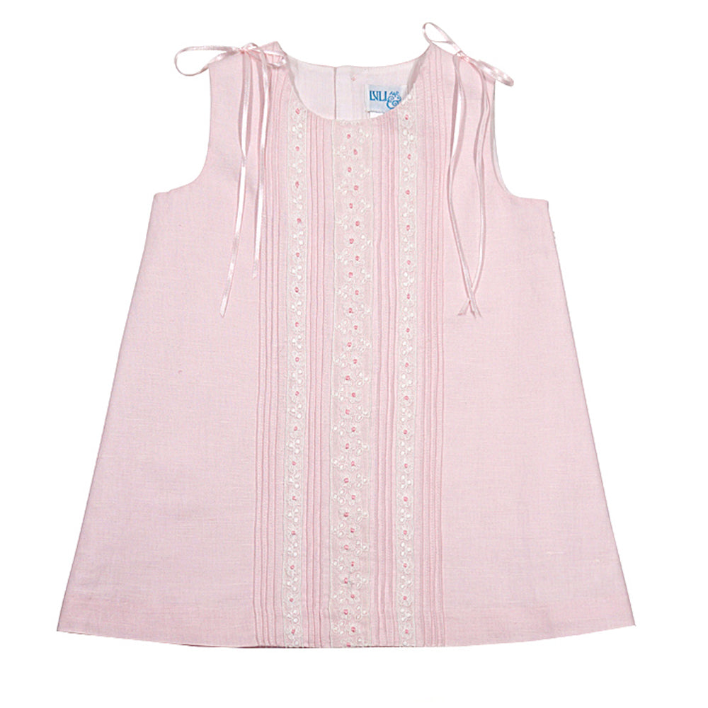 Pink Linen Lace Blend Dress With Ribbon