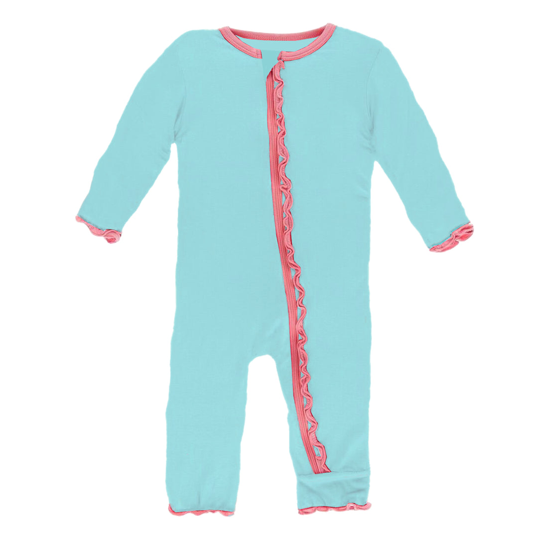 Shining Sea with Strawberry Trim Muffin Ruffle Coverall w/ Zipper