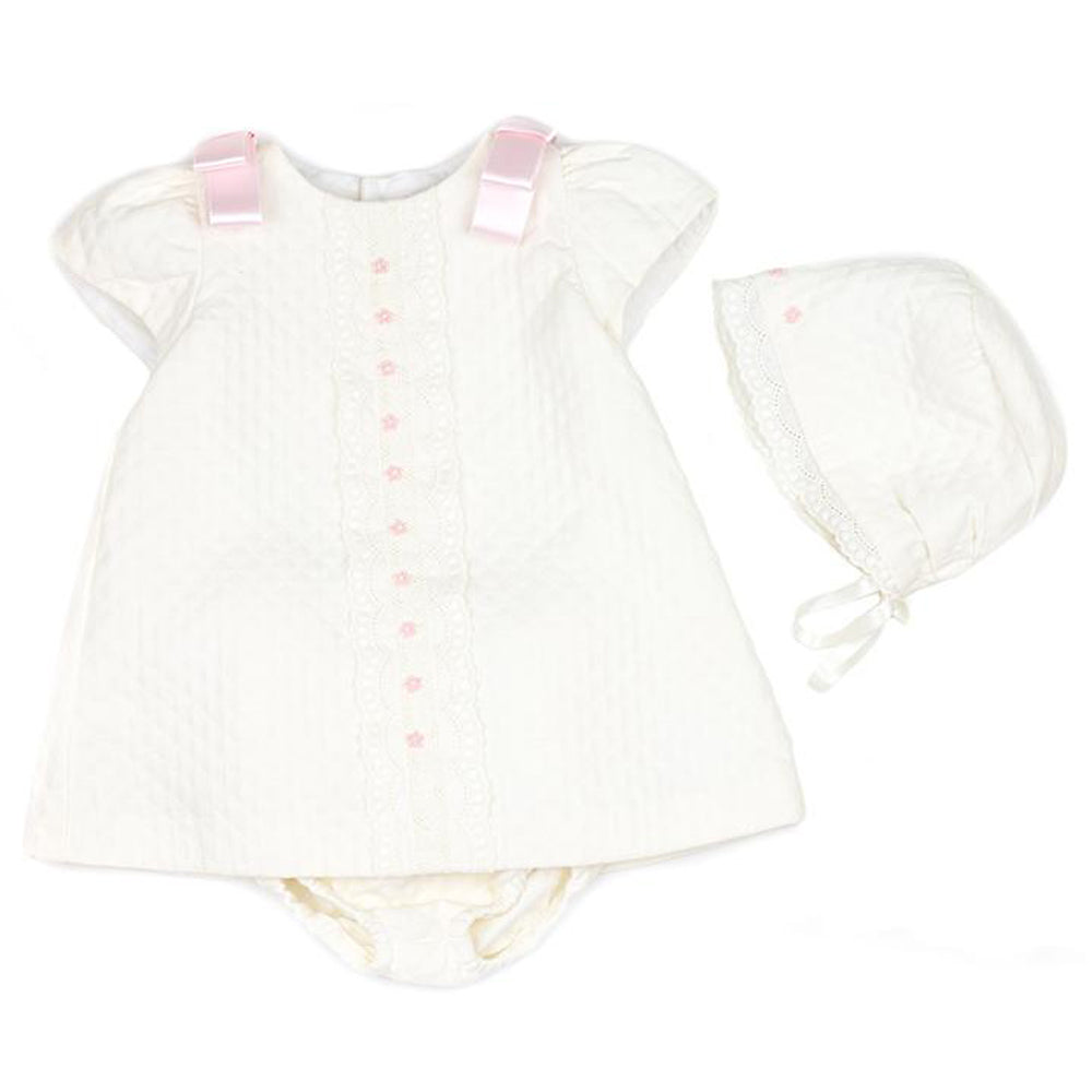 Quilted Three Piece Dress and Bonnet Set with Bloomers - Ivory 